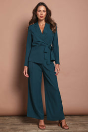 Model Madeline wearing size 10 of The Soft Suiting Lined Blazer in colour Darkteal (Green), from the front, showing the whole outfit