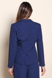 Model Madelinec wearing size 10 of the The Soft Suiting Lined Blazer – Navy in colour Navy, from the back