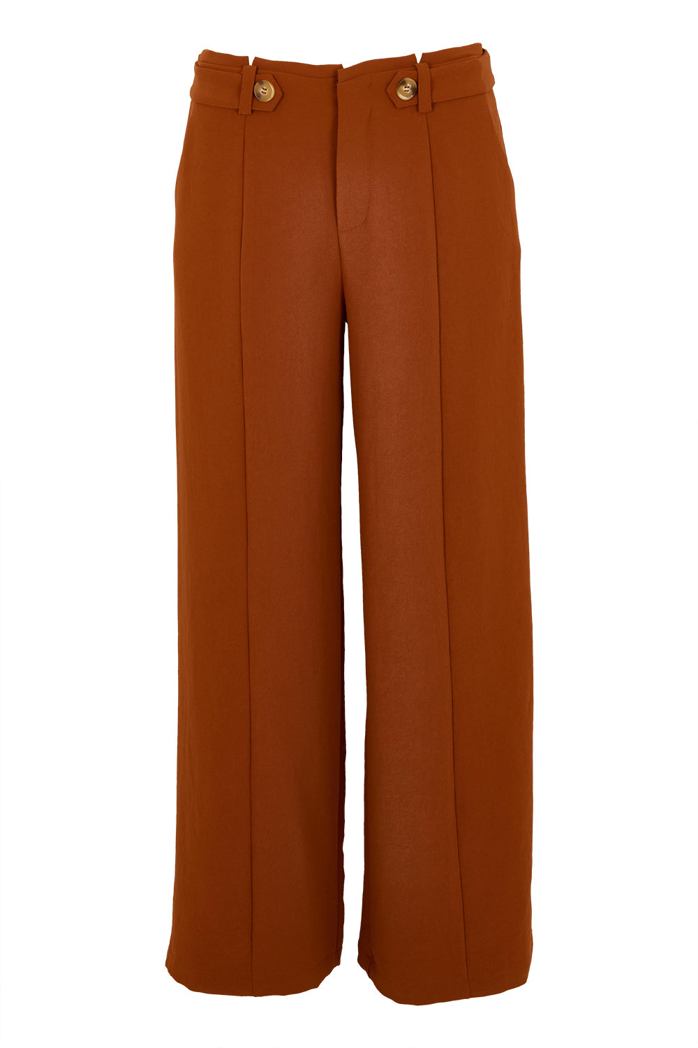 Product shot of The Tab Detail Tailored Pant in colour Rust, from the front
