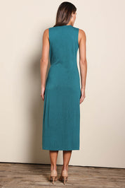 Model Madelinec wearing size 10 of the The All Season Faux Wrap Knit Dress – Jewel in colour Jewel, from the front