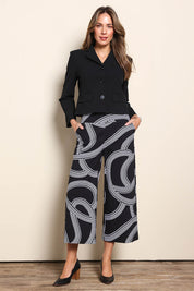 Model Madelinec wearing size 10 of the The Printed Stretch Wide Leg Culotte – Contour in colour Contour, from the front