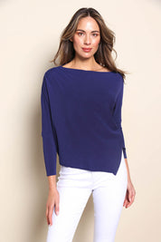 Model Madelinec wearing size 10 of the The Pleated Shoulder Knit – Indigoblue in colour Indigoblue, from the front