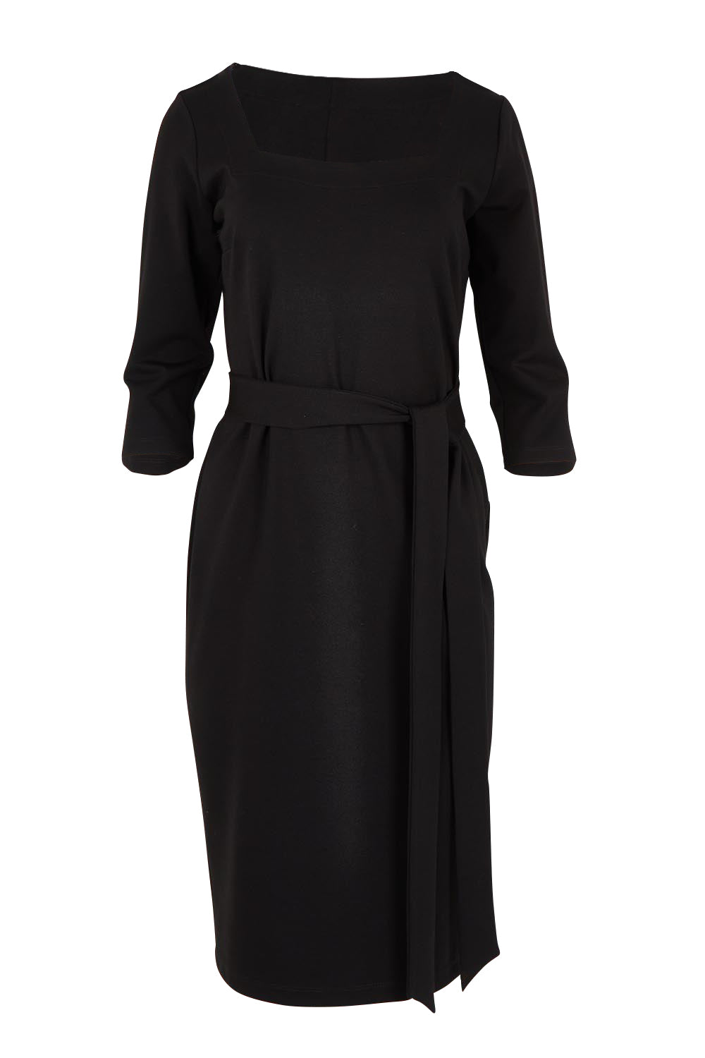 Product shot of The Square Neck Ponte Dress in colour Black (Black), from the front