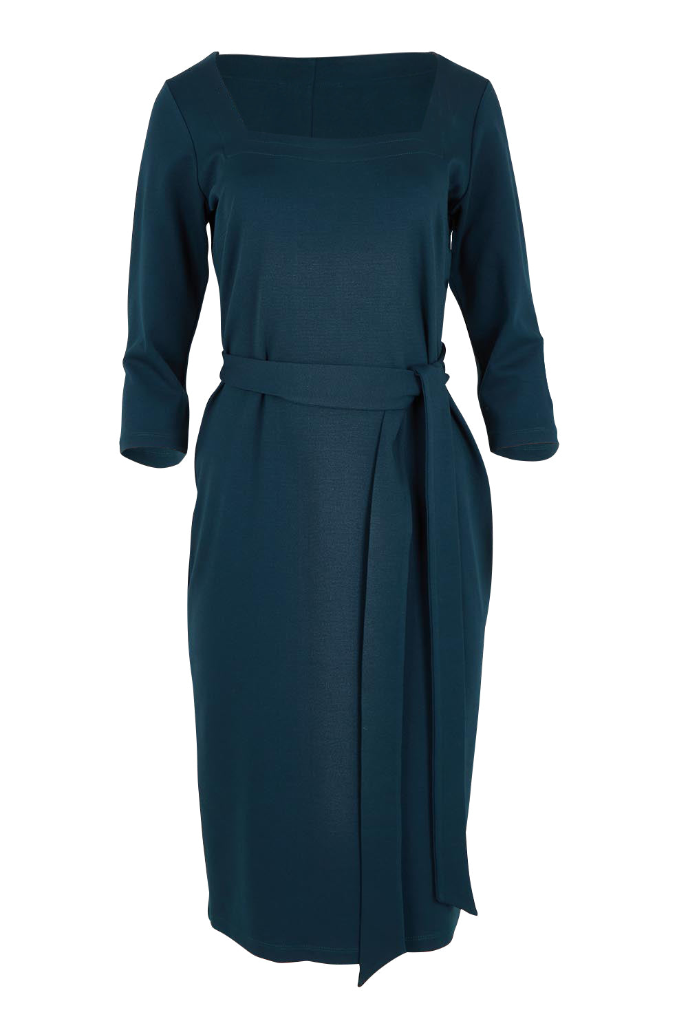 Product shot of The Square Neck Ponte Dress in colour Lagoon (Green), from the front