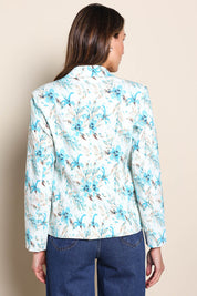 Model Madelinec wearing size 10 of the The Printed Stretch Pocket Blazer – Aquafleur in colour Aquafleur, from the back