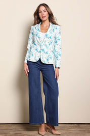 Model Madelinec wearing size 10 of the The Printed Stretch Pocket Blazer – Aquafleur in colour Aquafleur, from the front