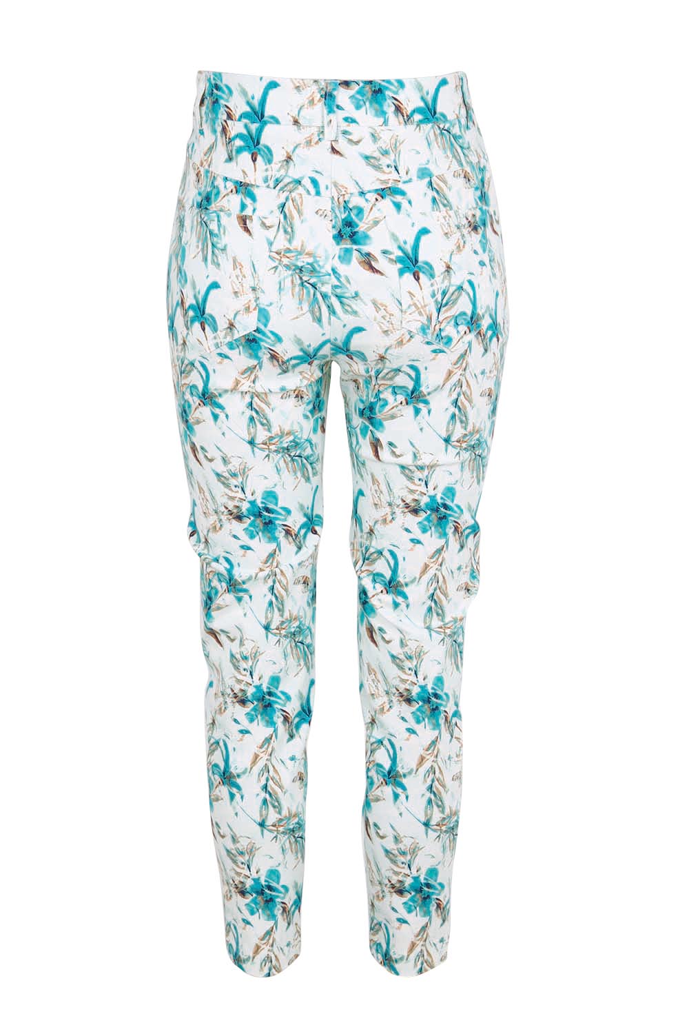 Product shot of the The Printed Stretch Pocket Pant – Aquafleur in colour Aquafleur, from the back