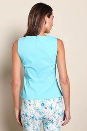Model Madelinec wearing size 10 of the The Stretch Boat Neck Top – Aquablue in colour Aquablue, from the back
