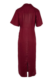 Product shot of the The Linen Tencel Modish Dress - Burgundy in colour Burgundy, from the back