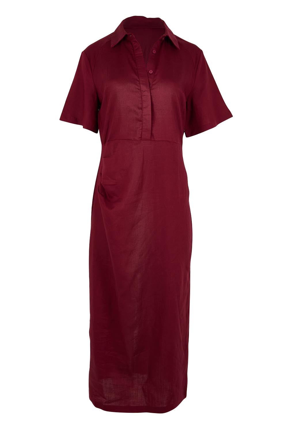 Product shot of the The Linen Tencel Modish Dress - Burgundy in colour Burgundy, from the front
