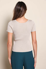 Model Madelinec wearing size 10 of the The Reversible Rib Knit Top – Biscotti in colour Biscotti, from the back