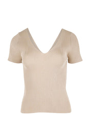 Product shot of the The Reversible Rib Knit Top – Biscotti in colour Biscotti, from the front
