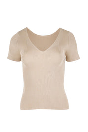 Product shot of the The Reversible Rib Knit Top – Biscotti in colour Biscotti, from the front