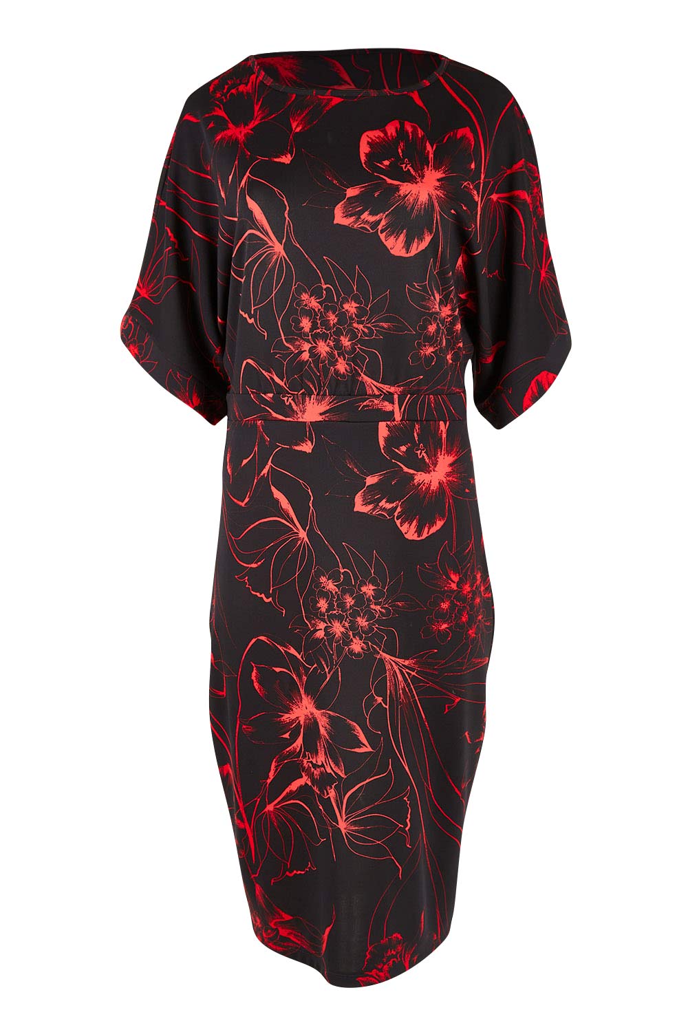 Product shot of The Printed Kimono Sleeve Pencil Dress in colour Redfleur (Black), from the front