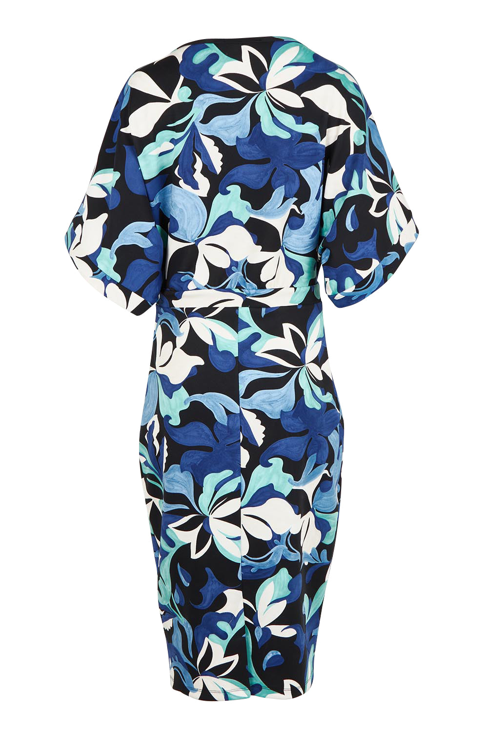 Product shot of The Printed Kimono Sleeve Pencil Dress in colour Oceanbloom (Blue), from the back