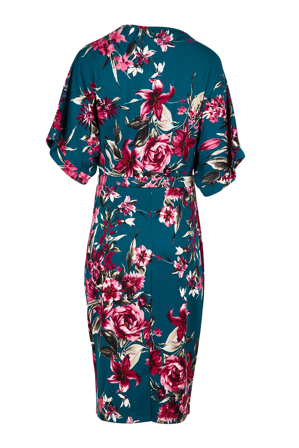 Product shot of The Printed Kimono Sleeve Pencil Dress in colour Tealtropic (Blue), from the back