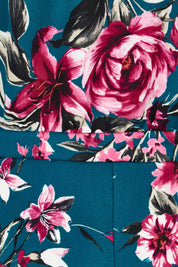 Product shot of The Printed Kimono Sleeve Pencil Dress in colour Tealtropic (Blue), detail
