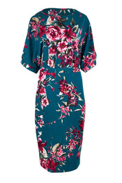 Product shot of The Printed Kimono Sleeve Pencil Dress in colour Tealtropic (Blue), from the front