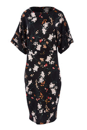Product shot of The Printed Kimono Sleeve Pencil Dress in colour Garden (Black), from the front