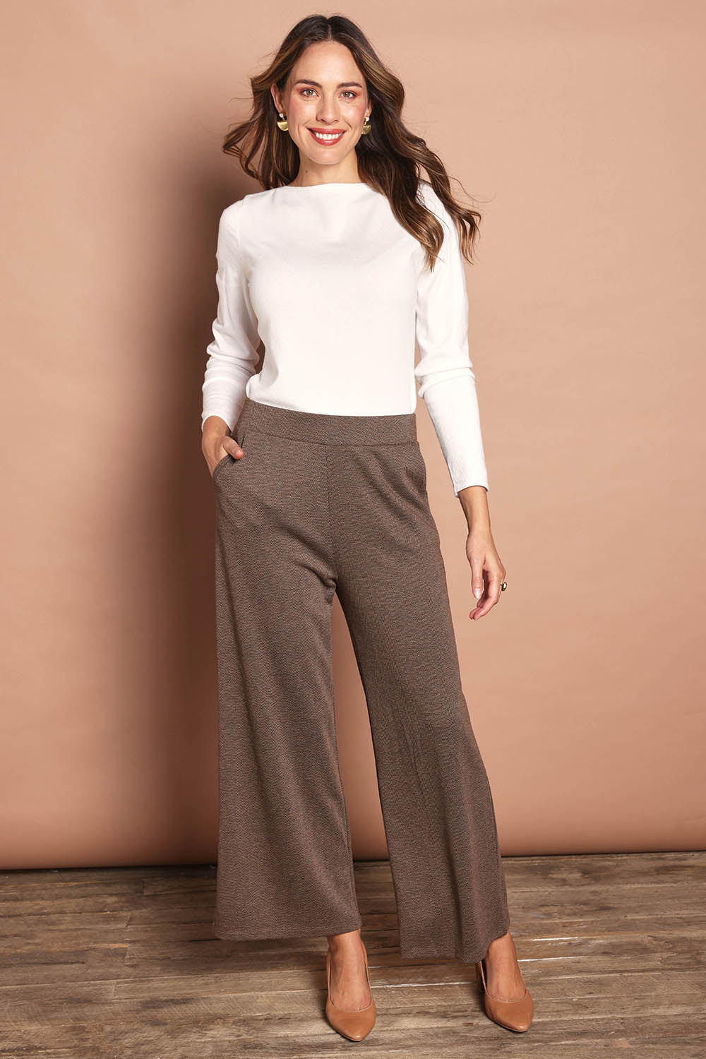 The Herringbone Wide Leg Pull On Pant – Camelbrown