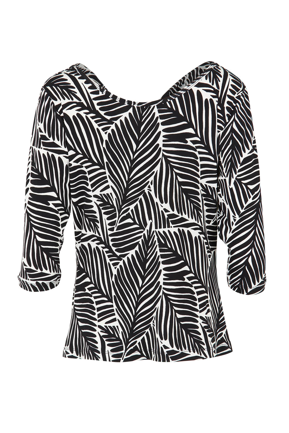 Product shot of The Printed Reversible Cowl Neck Top in colour Leaf (Black), from the back