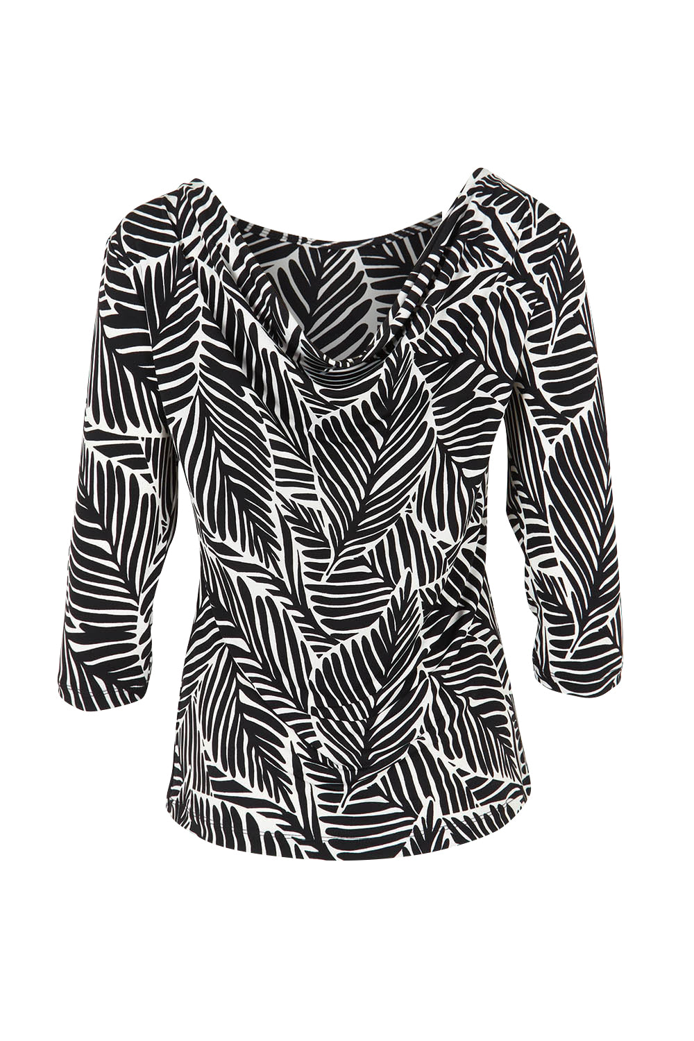 Product shot of The Printed Reversible Cowl Neck Top in colour Leaf (Black), detail