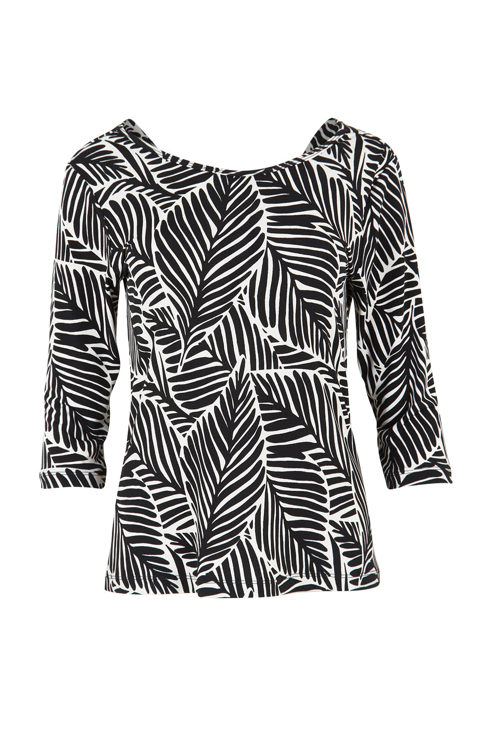 Product shot of The Printed Reversible Cowl Neck Top in colour Leaf (Black), detail
