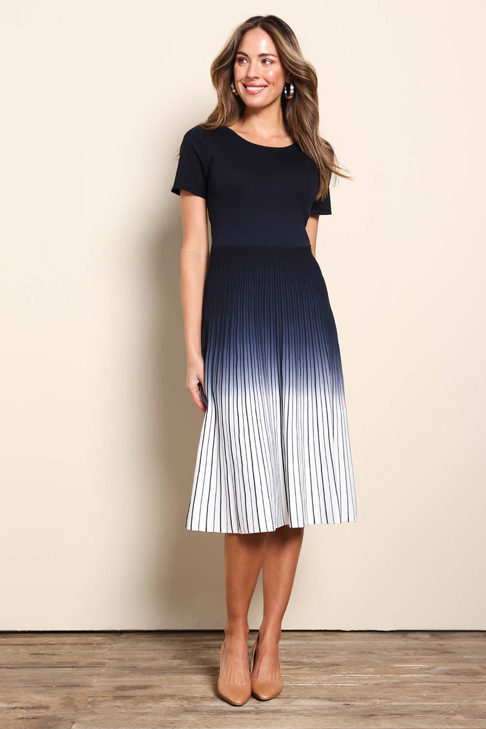 Model Madelinec wearing size 10 of the The Reversible Ombre Knit Dress – Inkivory in colour Inkivory, from the front