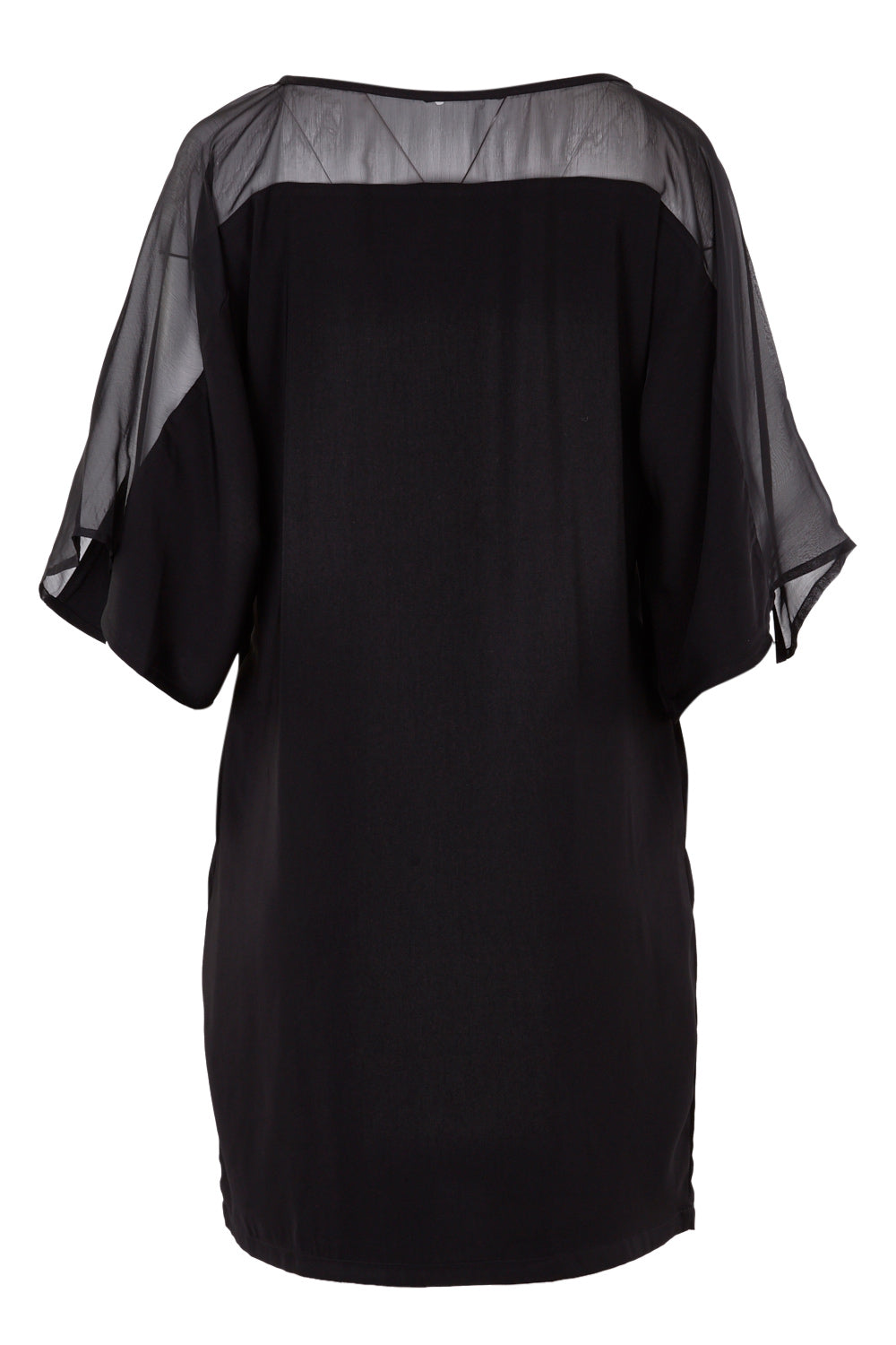 Product shot of The Chiffon Mesh Detail Dress in colour Black (Black), from the back