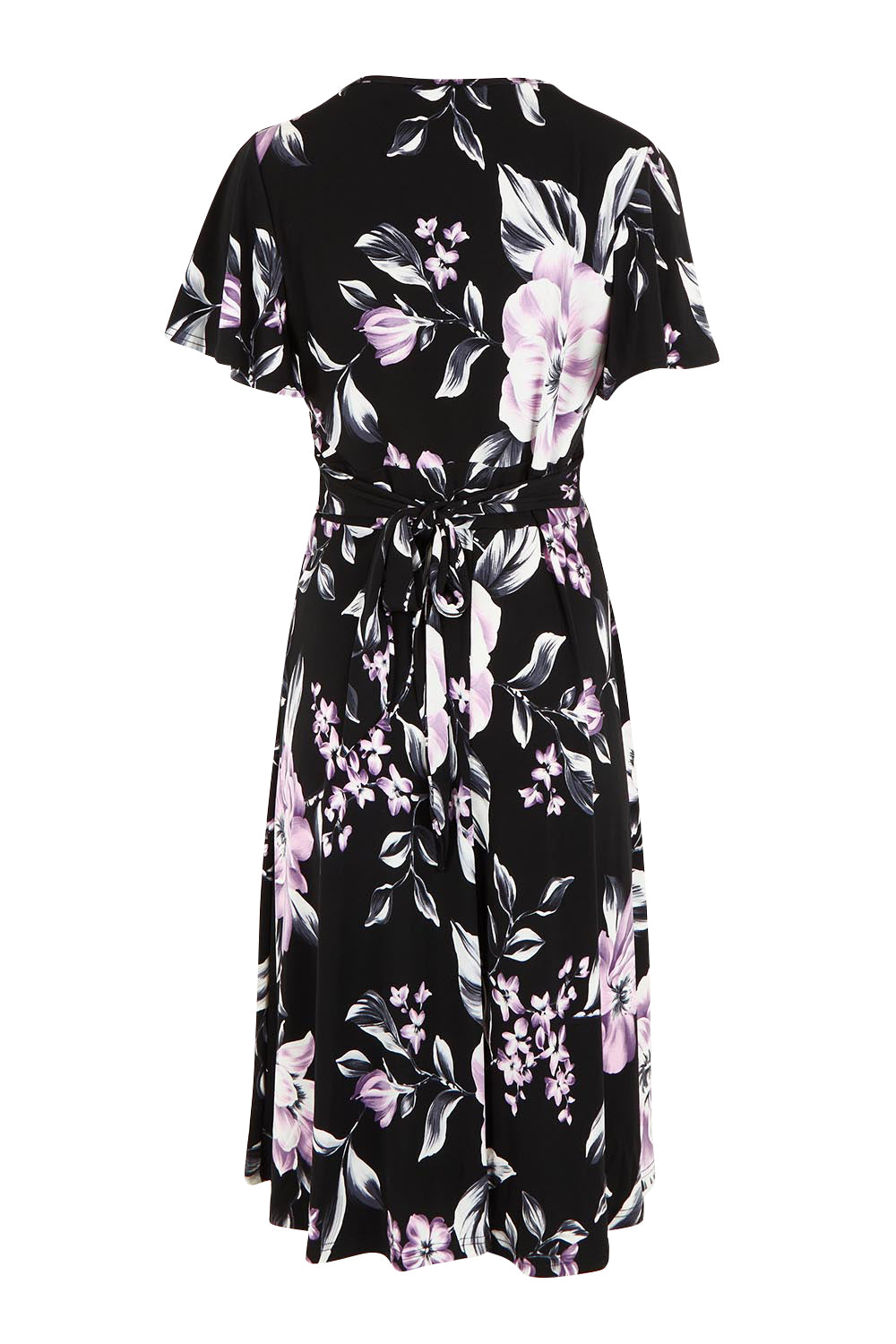 Product shot of The Printed Jersey Faux Wrap Dress in colour Pinkfloral (Black), from the back