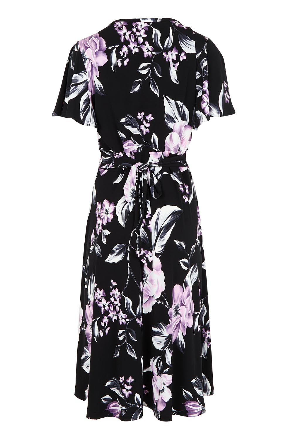 Product shot of The Printed Jersey Faux Wrap Dress in colour Pinkfloral (Black), from the back