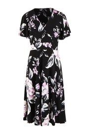 Product shot of The Printed Jersey Faux Wrap Dress in colour Pinkfloral (Black), from the front