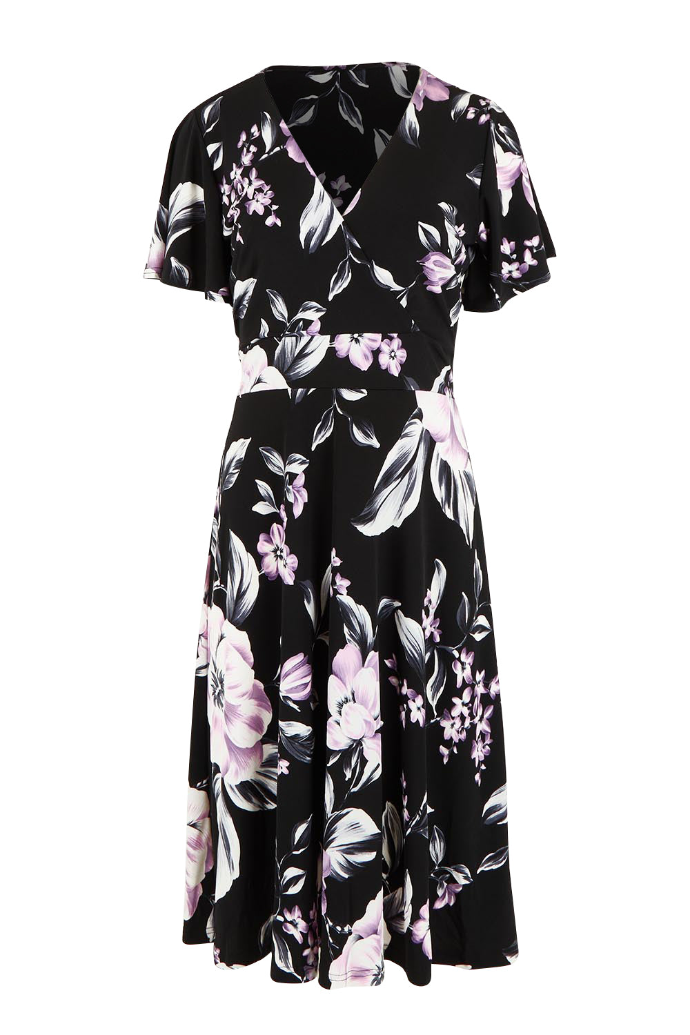 Product shot of The Printed Jersey Faux Wrap Dress in colour Pinkfloral (Black), from the front