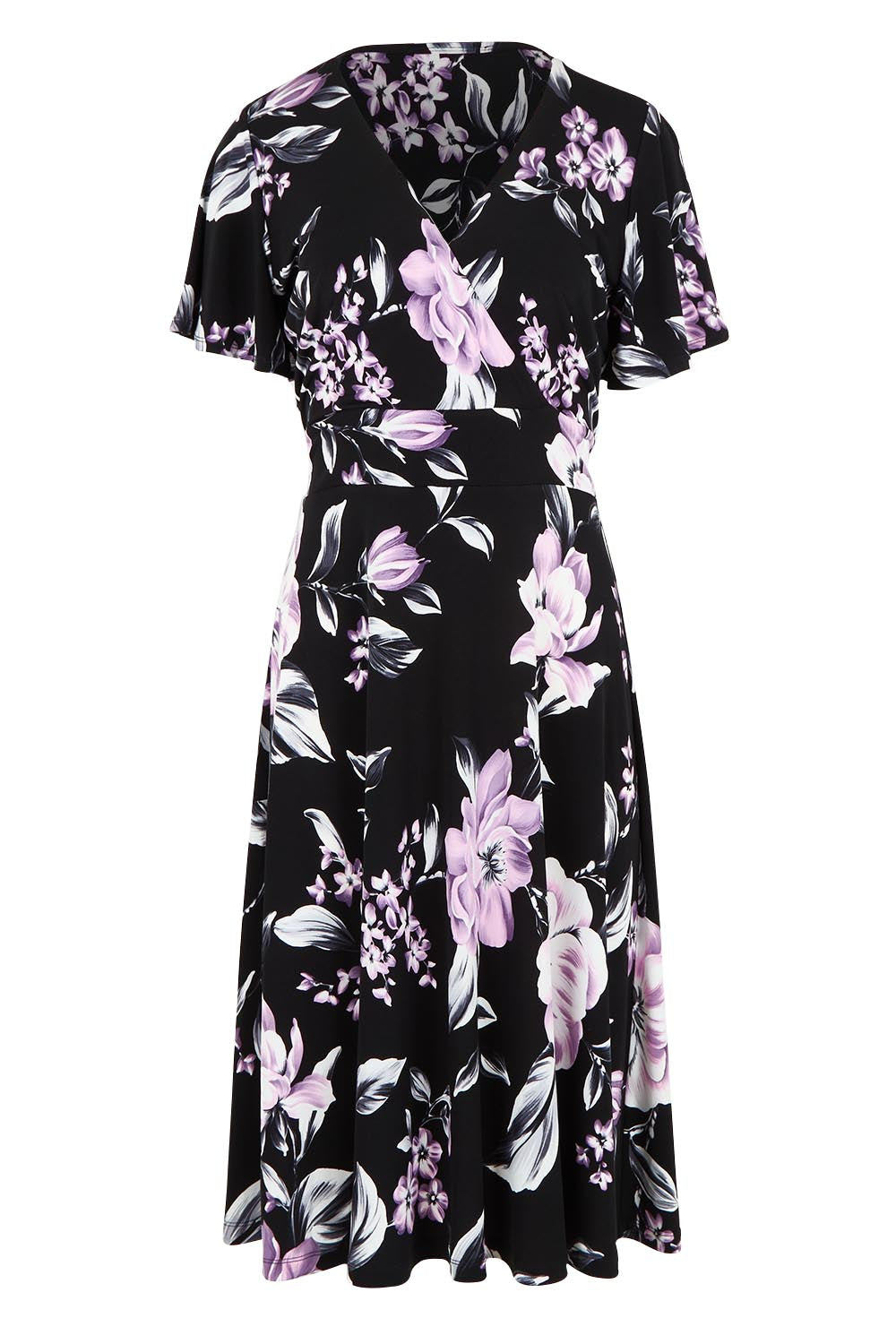 Product shot of The Printed Jersey Faux Wrap Dress in colour Pinkfloral (Black), from the front