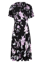 Product shot of The Printed Jersey Faux Wrap Dress in colour Pinkfloral (Black), from the front