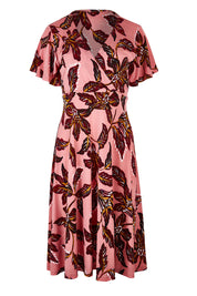 Product shot of The Printed Jersey Faux Wrap Dress in colour Pinkfleur (Pink), from the front