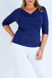 Model Fiona wearing size 16 of The Reversible Cowl Neck Top in colour Navy (Blue), from the front, cropped image