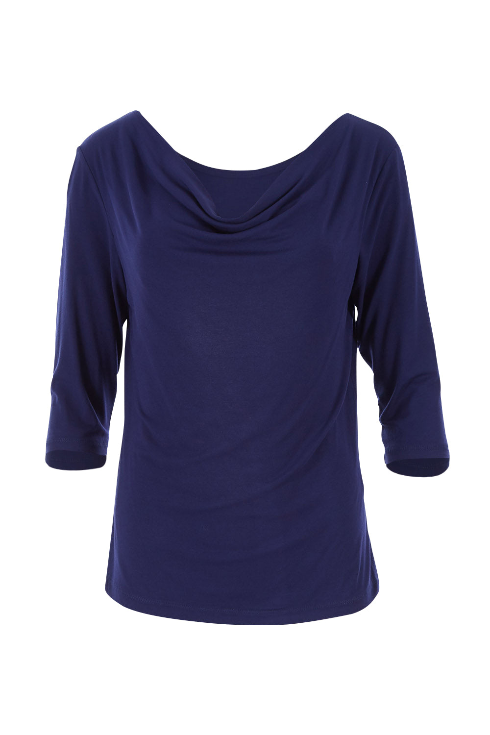 Product shot of The Reversible Cowl Neck Top in colour Navy (Blue), detail