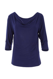 Product shot of The Reversible Cowl Neck Top in colour Navy (Blue), detail
