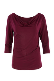 Product shot of The Reversible Cowl Neck Top in colour Plum (Purple), detail