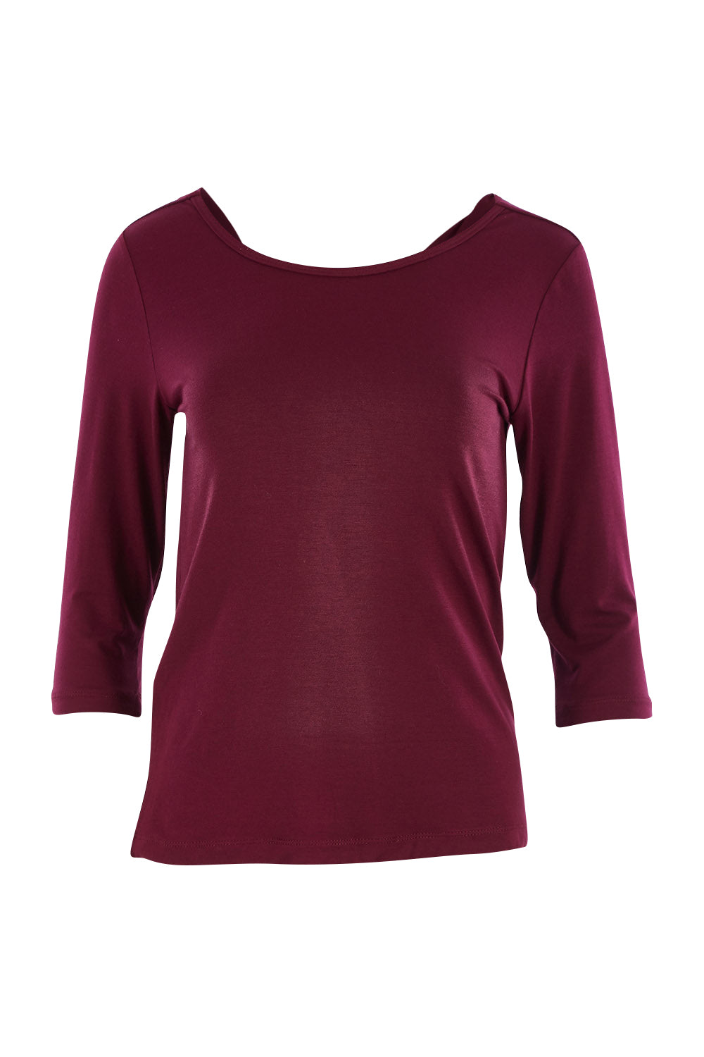 Product shot of The Reversible Cowl Neck Top in colour Plum (Purple), from the front