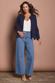 Model Madeline wearing size 10 of The Ponte Adore Jacket in colour Darknavy (Blue), from the front, showing the whole outfit