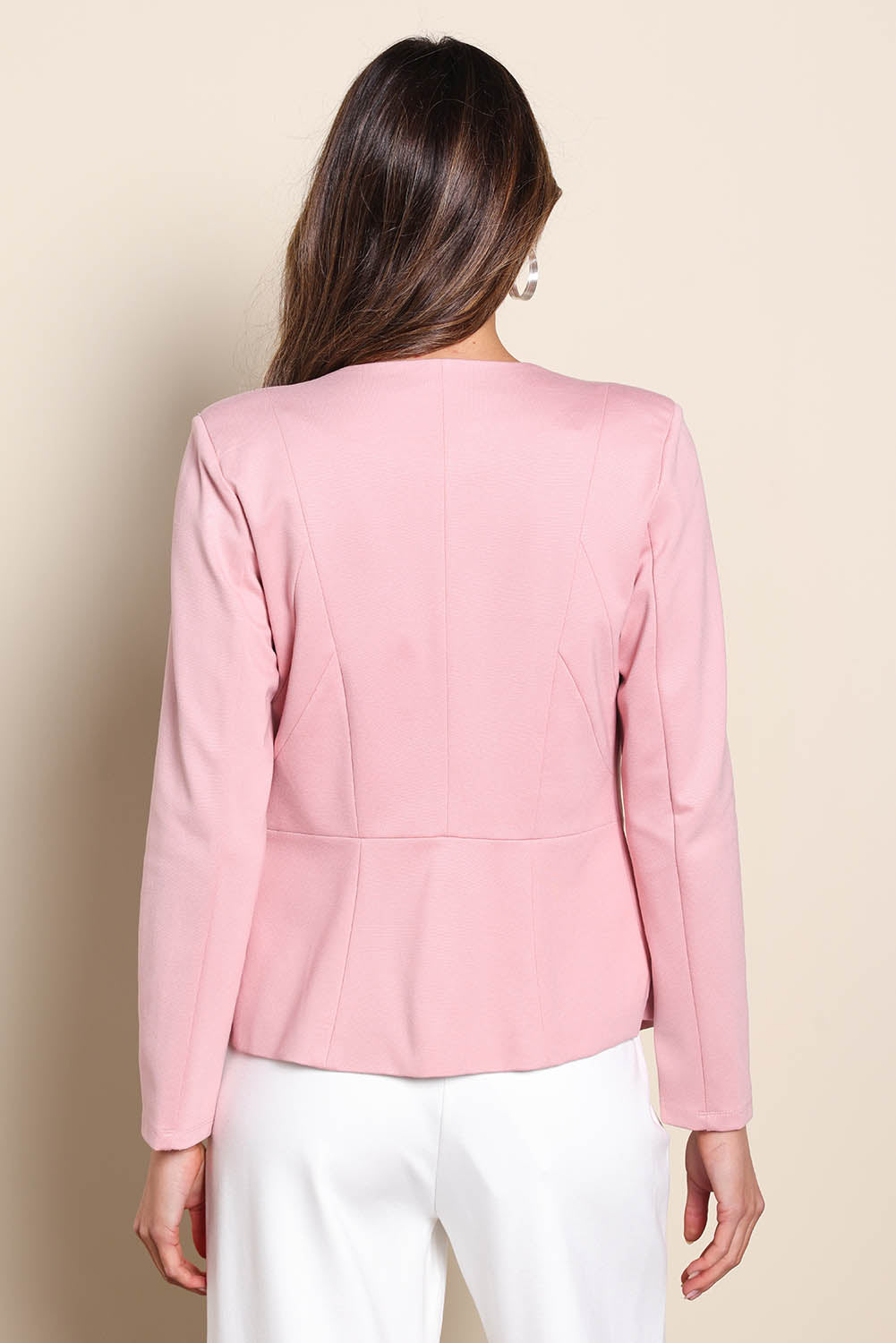 Model Madelinec wearing size 10 of the The Ponte Adore Jacket – Dustyrose in colour Dustyrose, from the back