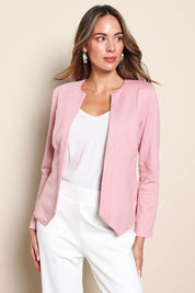Model Madelinec wearing size 10 of the The Ponte Adore Jacket – Dustyrose in colour Dustyrose, in a cropped view