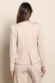 Model Madelinec wearing size 10 of the The Ponte Adore Jacket – Sand in colour Sand, from the back