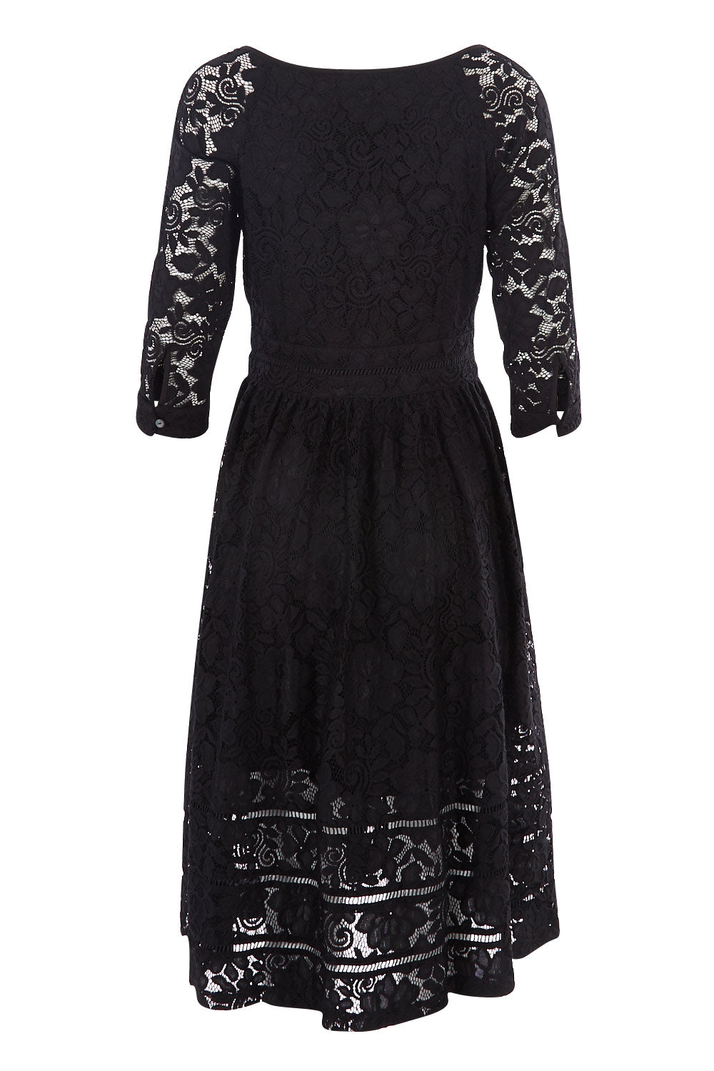 Product shot of The 3/4 Sleeve Lace Dress in colour Black (Black), from the back