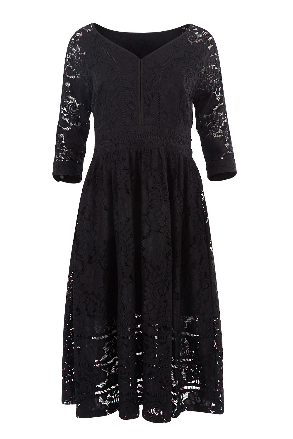 Product shot of The 3/4 Sleeve Lace Dress in colour Black (Black), from the front