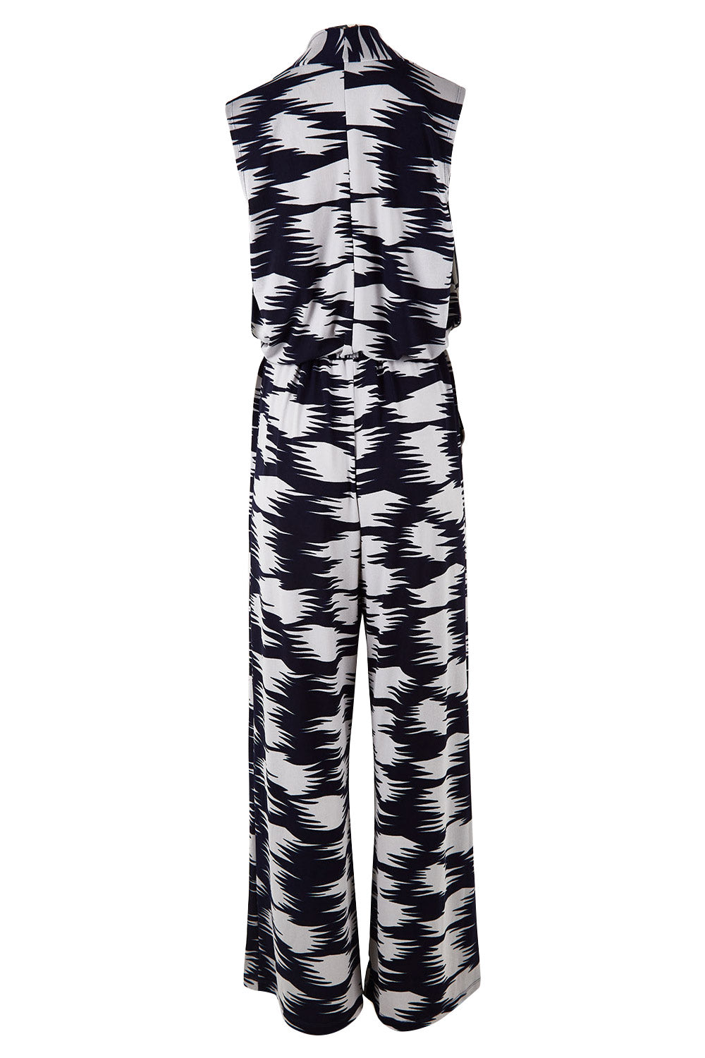 Product shot of the Belle Printed Jumpsuit in colour Strokes (Blue), from the back
