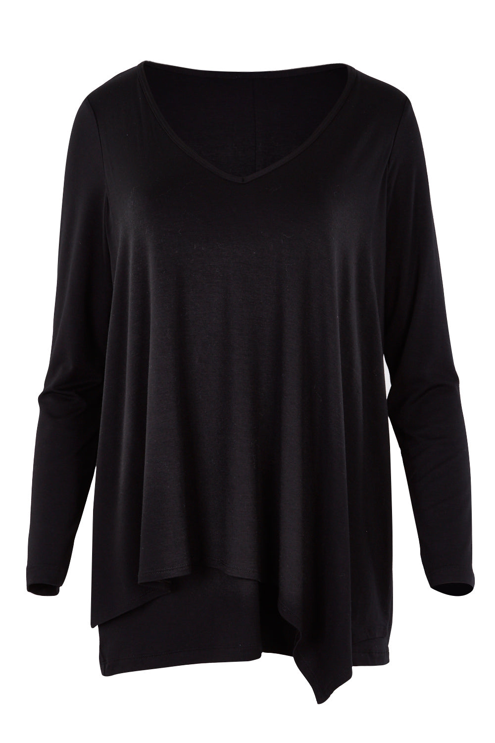 Product shot of the Belle V Neck Forgiver Tunic in colour Black (Black), from the front