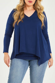 Model Katie wearing size 16 of the Belle V Neck Forgiver Tunic in colour Navy (Blue), from the front, cropped image